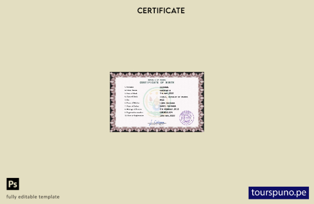 listo para imprimir plantilla PSD de certificado de nacimiento de Ruanda